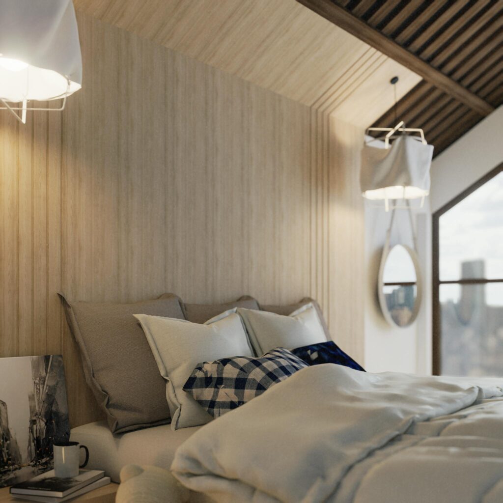 Warm and inviting bedroom interior with minimalist modern design elements.